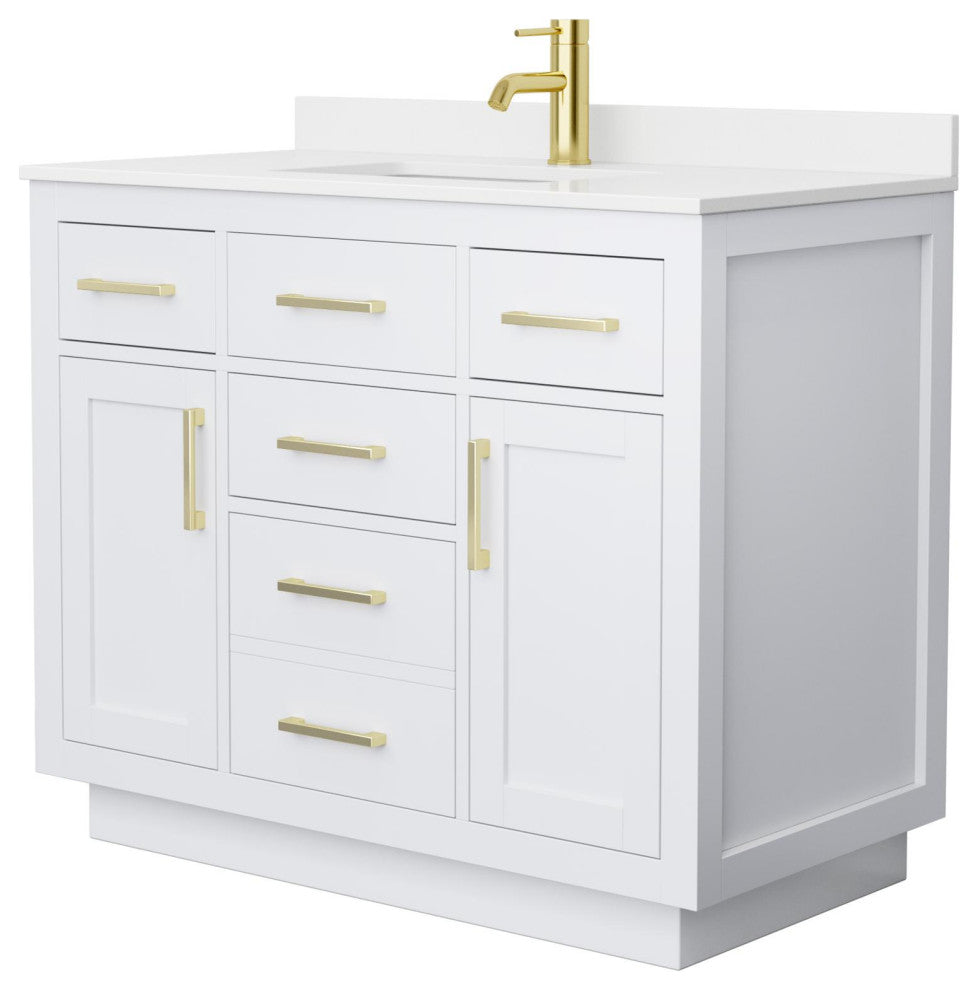 Beckett TK 42" White Single Vanity, White Quartz Top, 1-Hole, Gold Trim