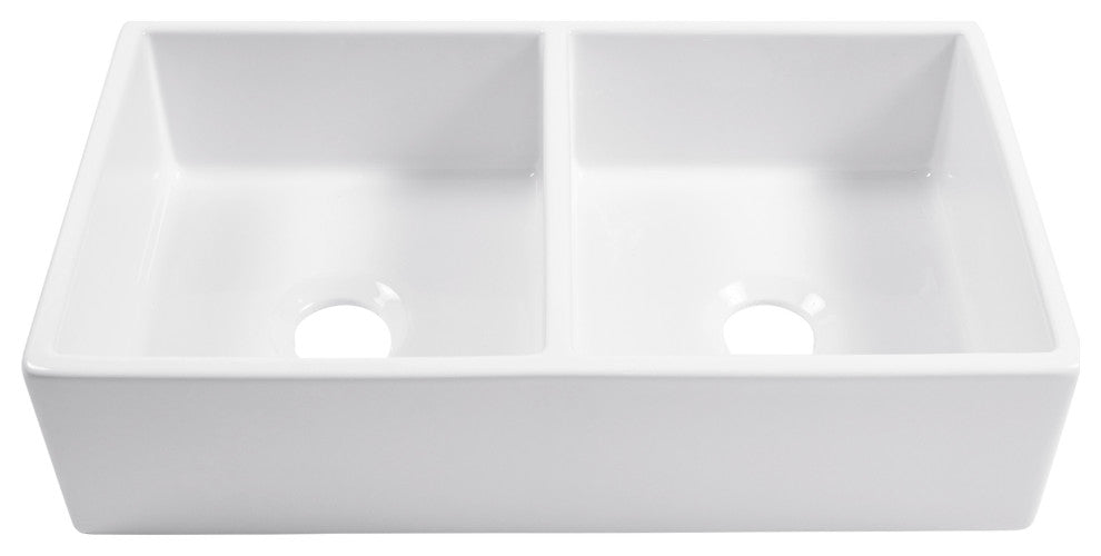 Turner White Fireclay 33" Double Bowl Farmhouse Undermount Kitchen Sink Kit