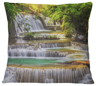 Tranquil Erawan Waterfall Landscape Printed Throw Pillow, 18"x18"
