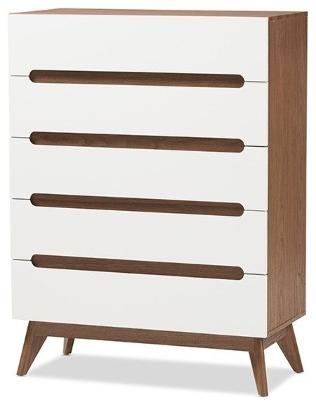 Calypso Mid-Century Modern White and Walnut Wood 5-Drawer Storage Chest