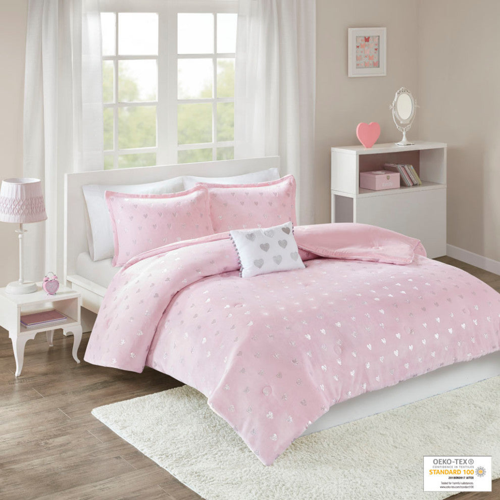 Mi Zone Rosalie Metallic Printed Plush Comforter Set, Pink/Silver