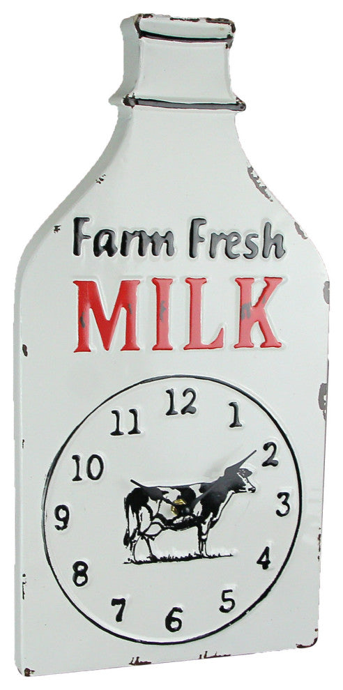 White Enamelware Stamped Metal Quart Milk Bottle Shaped Wall Clock