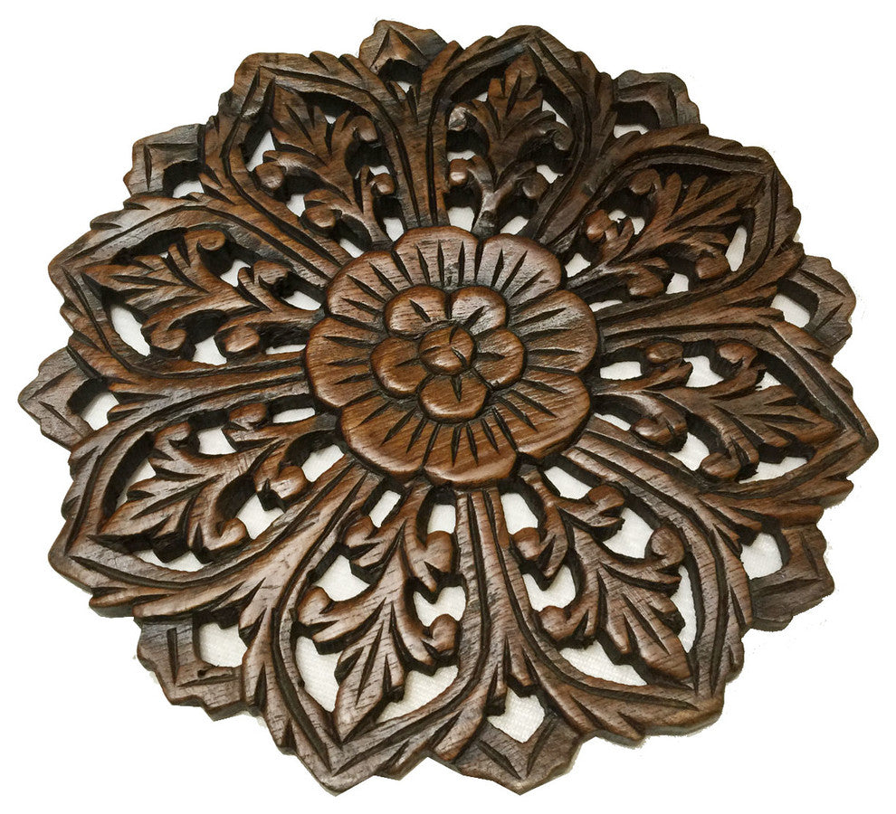 Round Teak Wood Oriental Carved Wall Plaque. Floral Relief Wood Wall Art. 12", B