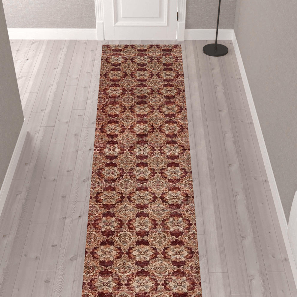 12' Runner Red and Gold Oriental Power Loom Runner Rug