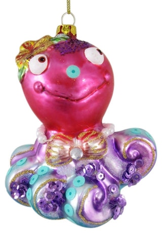 Pretty Pink and Purple Coastal Octopus Glass Christmas Holiday Tree Ornament