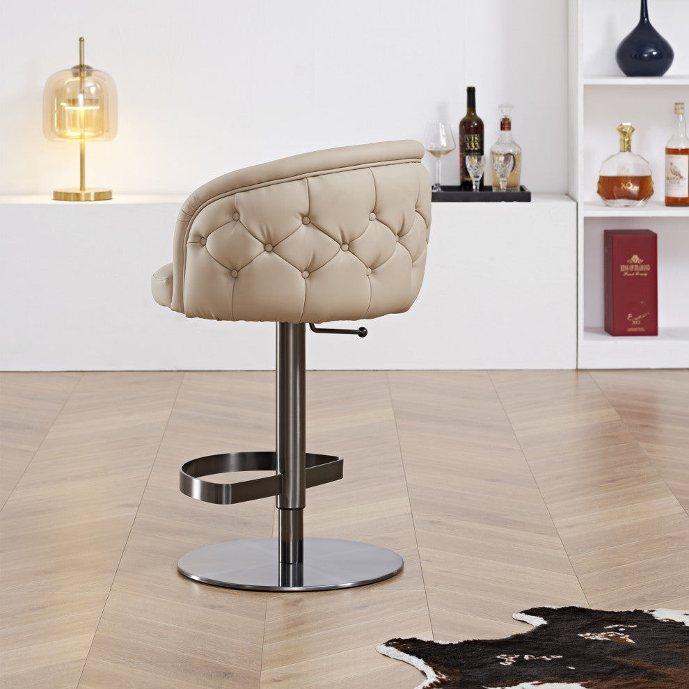 Khaki Leather Adjustable Height Swivel Bar stool, Black Chrome
