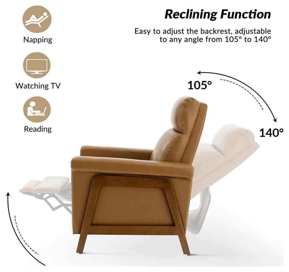 28.75"W Mid-Century Modern Style Genuine Leather Power Recliner, Camel