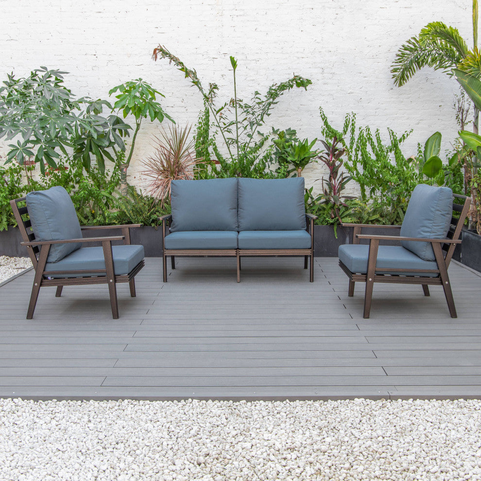 LeisureMod Walbrooke 3-Piece Patio Set With Brown Aluminum Frame and Cushions, Navy Blue