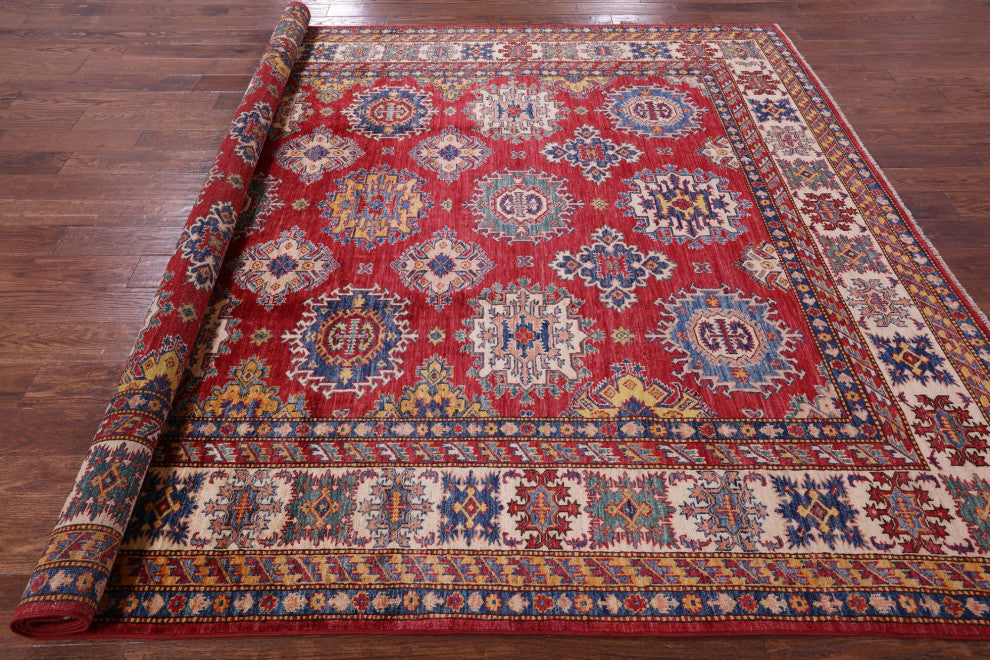 8' 0" X 9' 10" Geometric Super Kazak Hand Knotted Rug Q10606