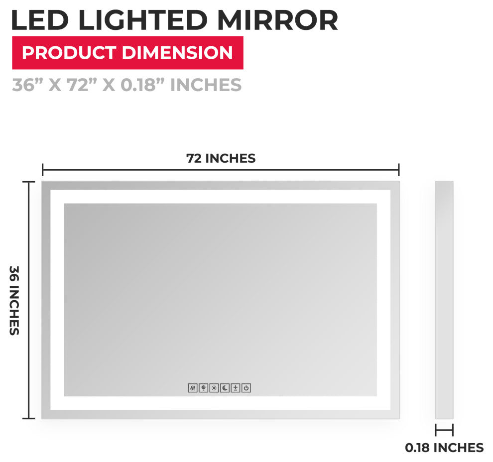 LED Modern Bathroom Frameless Decorative Mirror Wall Mounted, 36"x72", Rectangle