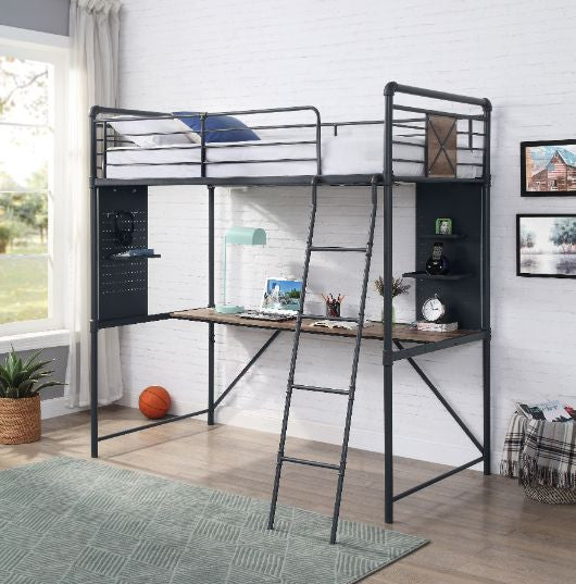 Rosemary Metal Loft Bed, Antique Oak, Black & Dark Bronze Hand-Brushed, Twin