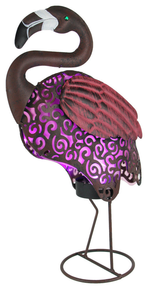 Pink Flamingo Metal Art Filigree LED Lighted Solar Garden Statue
