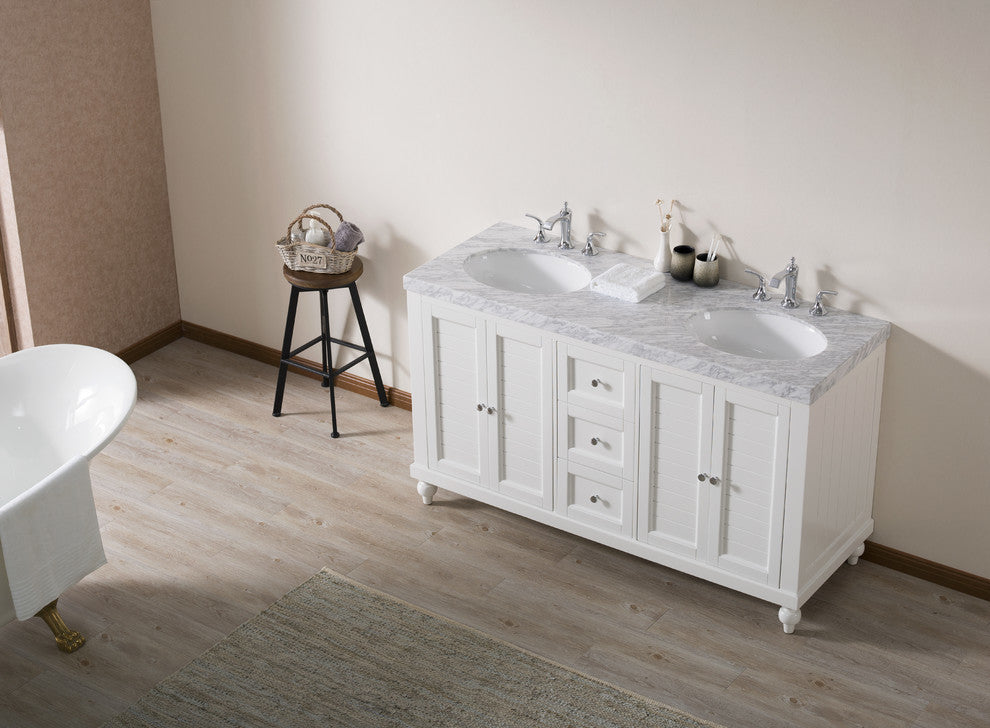 Stufurhome Kent 60" White Double Sink Bathroom Vanity, Without Faucet