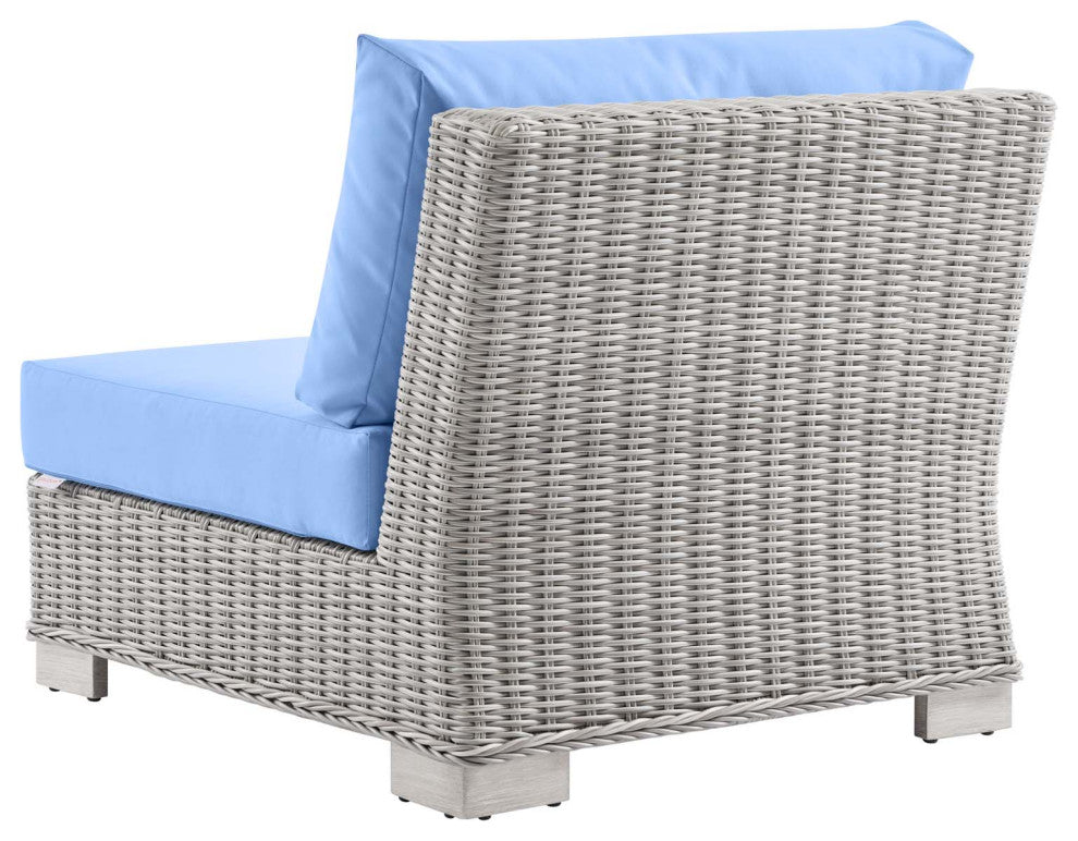 Lounge Sectional Sofa Chair Table Set, Rattan, Wicker, Gray Blue, Outdoor