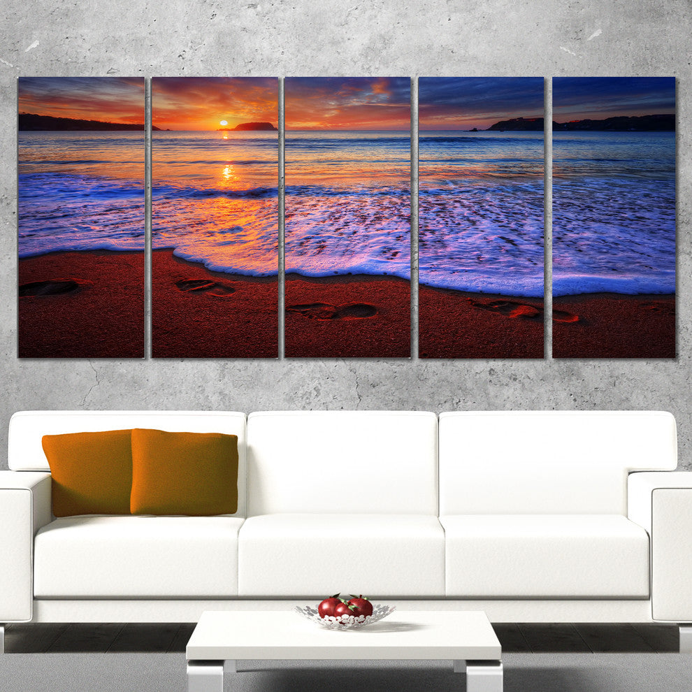 Colorful Sunset Over Beautiful Shore, Seashore Canvas Print, 60"x28", 5 Panels
