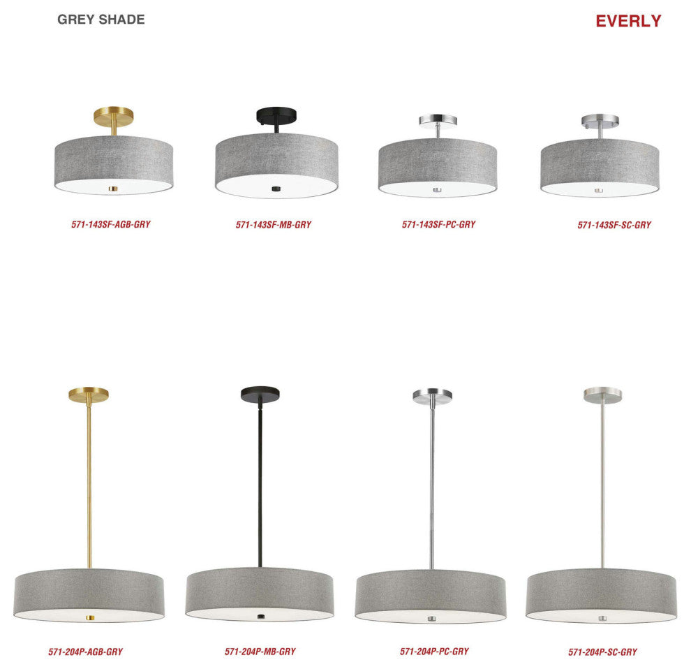Everly 4 Light Incandescent Pendant, Matte Black with Grey Shade