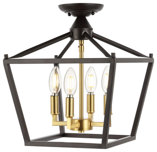 Mini Lantern 12" 4-Light Iron Farmhouse LED Flush Mount, Oil Rubbed Bronze/Gold