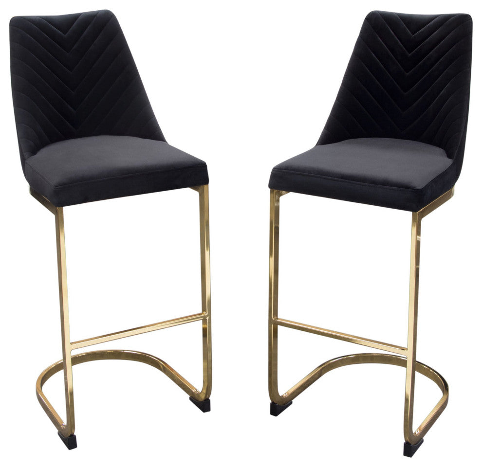 Vogue 2 Bar Height Chairs With Gold Metal Base, Black Velvet