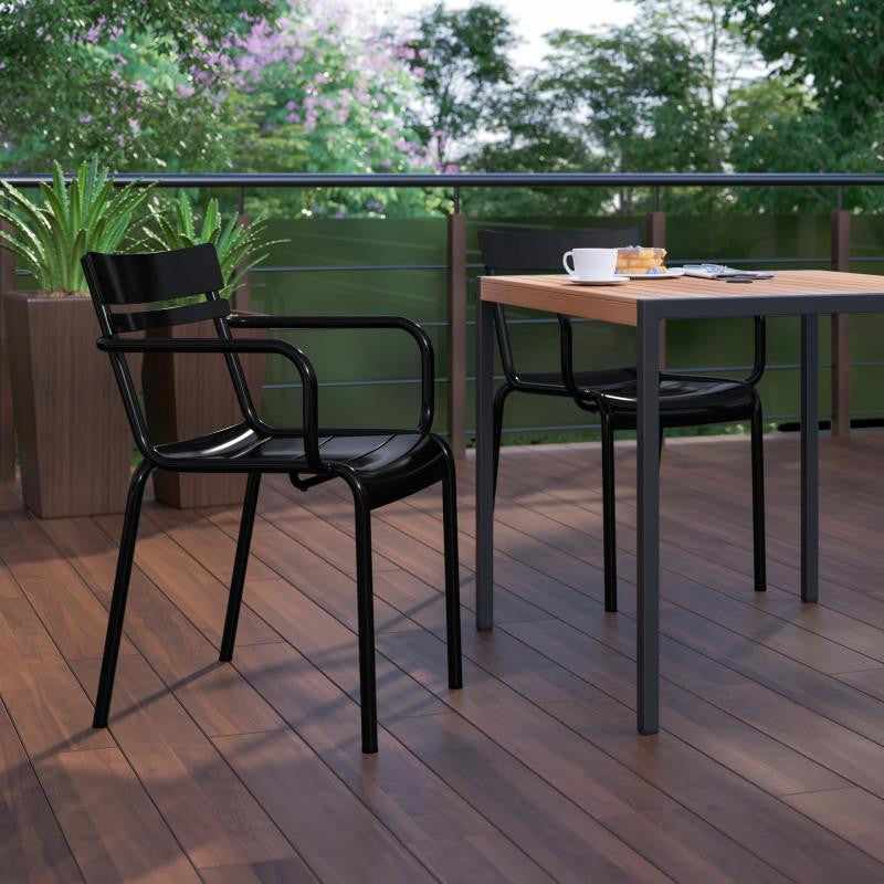Nash Commercial Grade Steel Indoor-Outdoor Stackable Chair with 2 Slats and Arms, Black