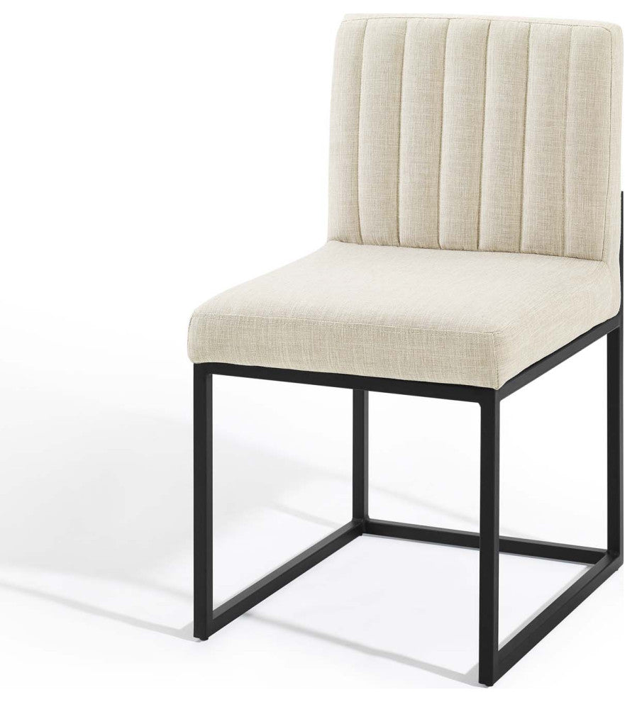 Tufted Side Dining Chair, Fabric, Metal, Black Beige, Modern, Bistro Restaurant