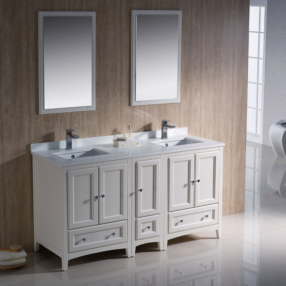 Oxford 60" Antique White Traditional Double Sink Vanity, FFT3811CH