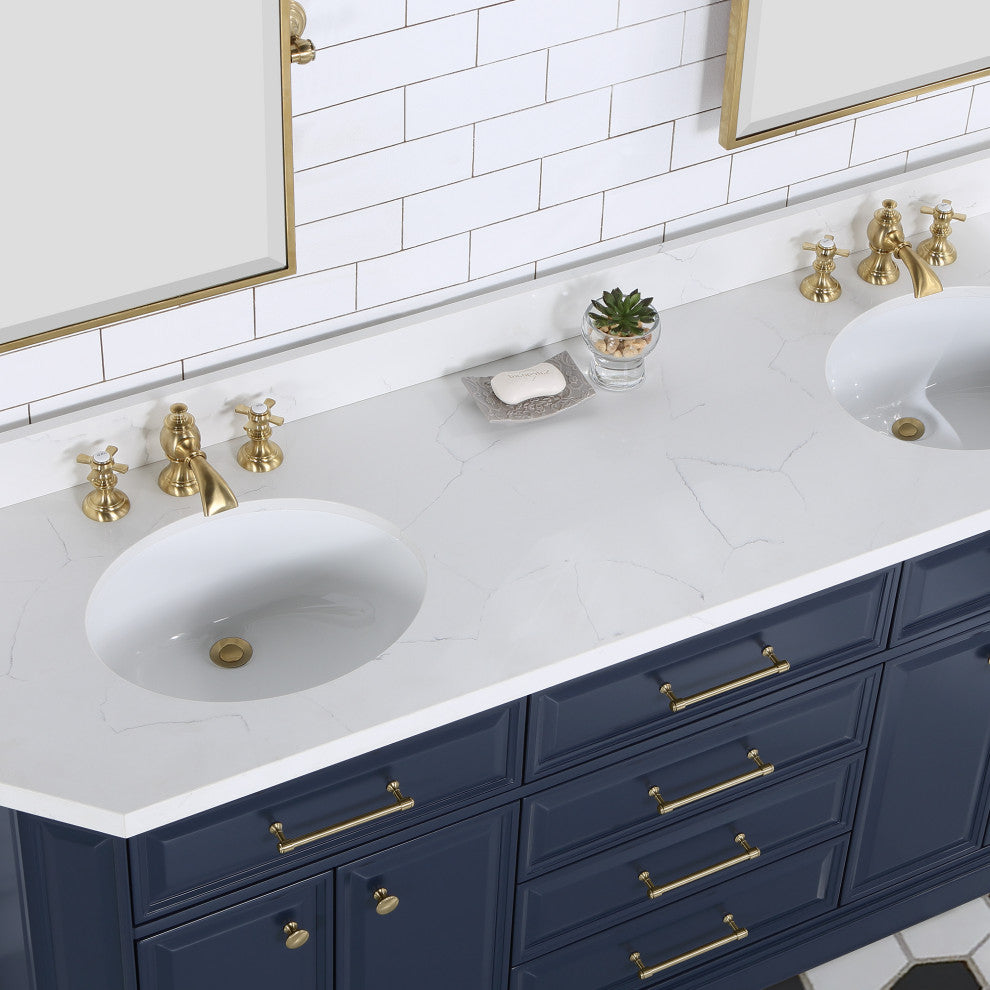 Palace 72" Double Sink White Quartz Top, Faucet, Mirror, Blue, F2-0013 Faucets