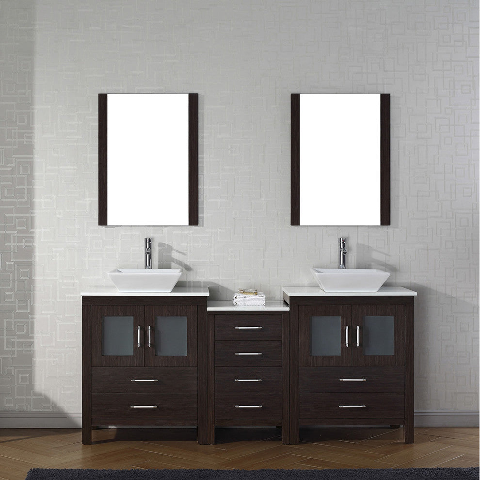 Virtu Dior 74" Double Bathroom Vanity, Espresso With Faucet and Mirrors