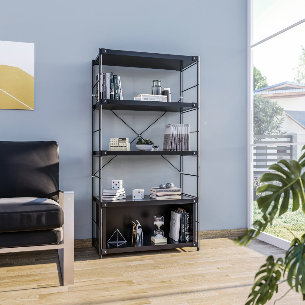 LeisureMod Brentwood Bookcase with Black Steel Frame, Black
