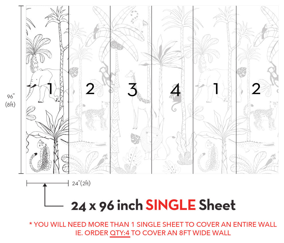Safari Jungle Illustration Peel and Stick Vinyl Mural, Black, 24"x96", Single