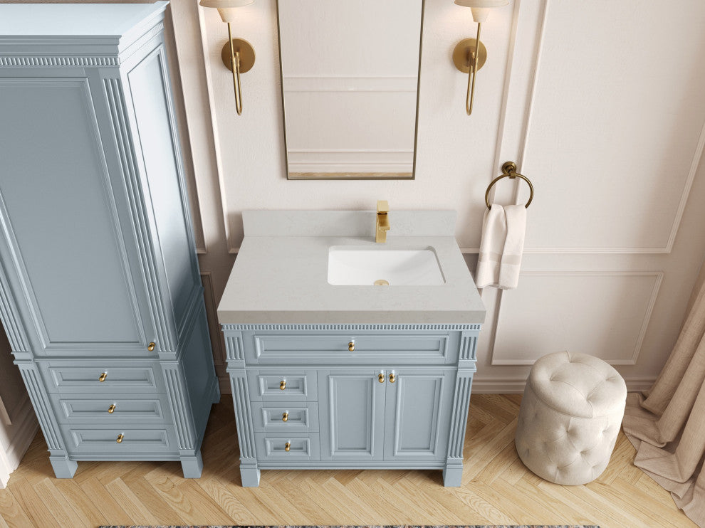 Paris 36" Right Offset Bathroom Vanity, Blue Heather 2" Carrara Quartz