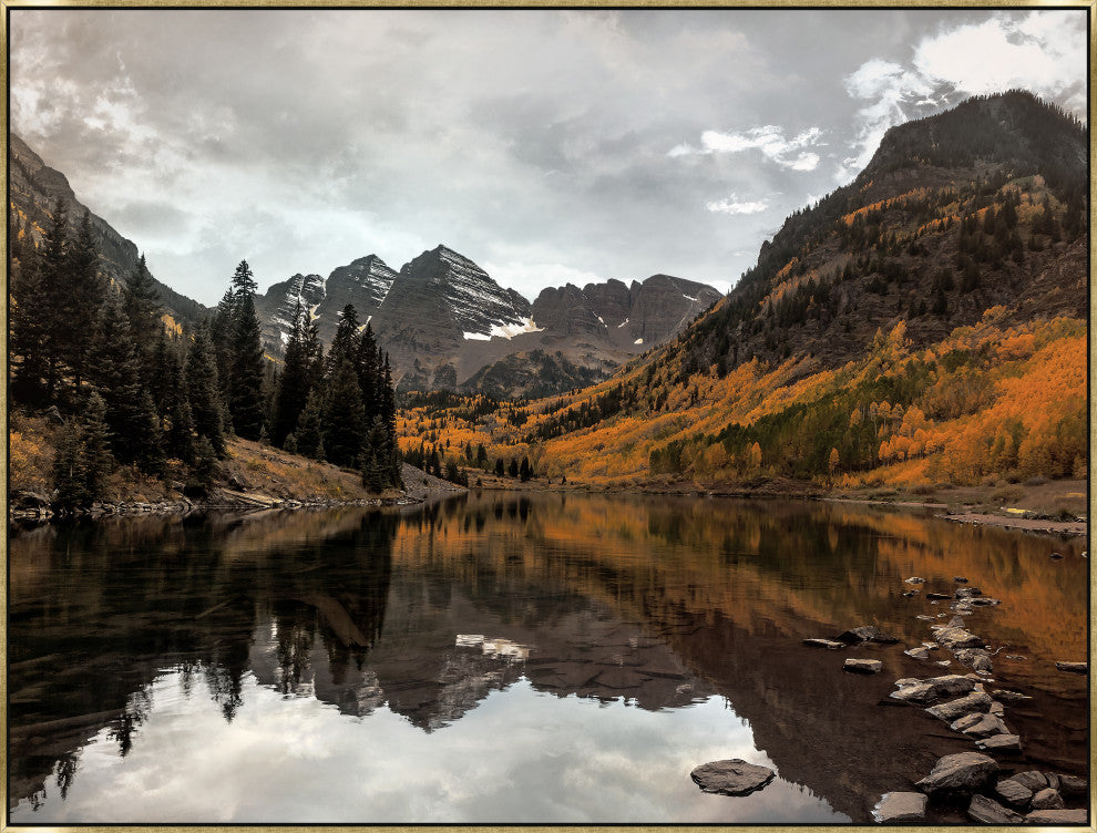 32x24 Colorado Maroon Bells, Framed Artwork, Gold