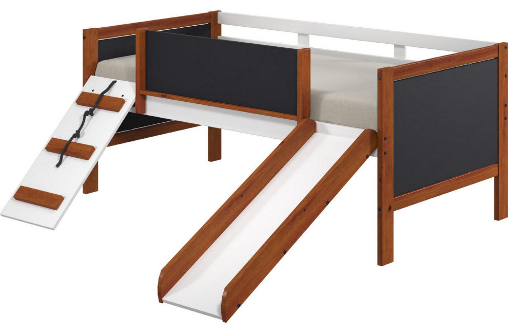 Benzara BM284033 Classic Wood Twin Loft Bed With Slide, Brown, White