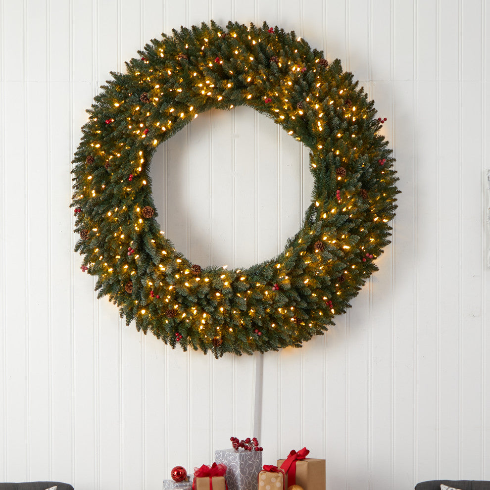 5' Large Flocked Faux Xmas Wreath W/Pinecones, Berry, Lights & Bendable Branches