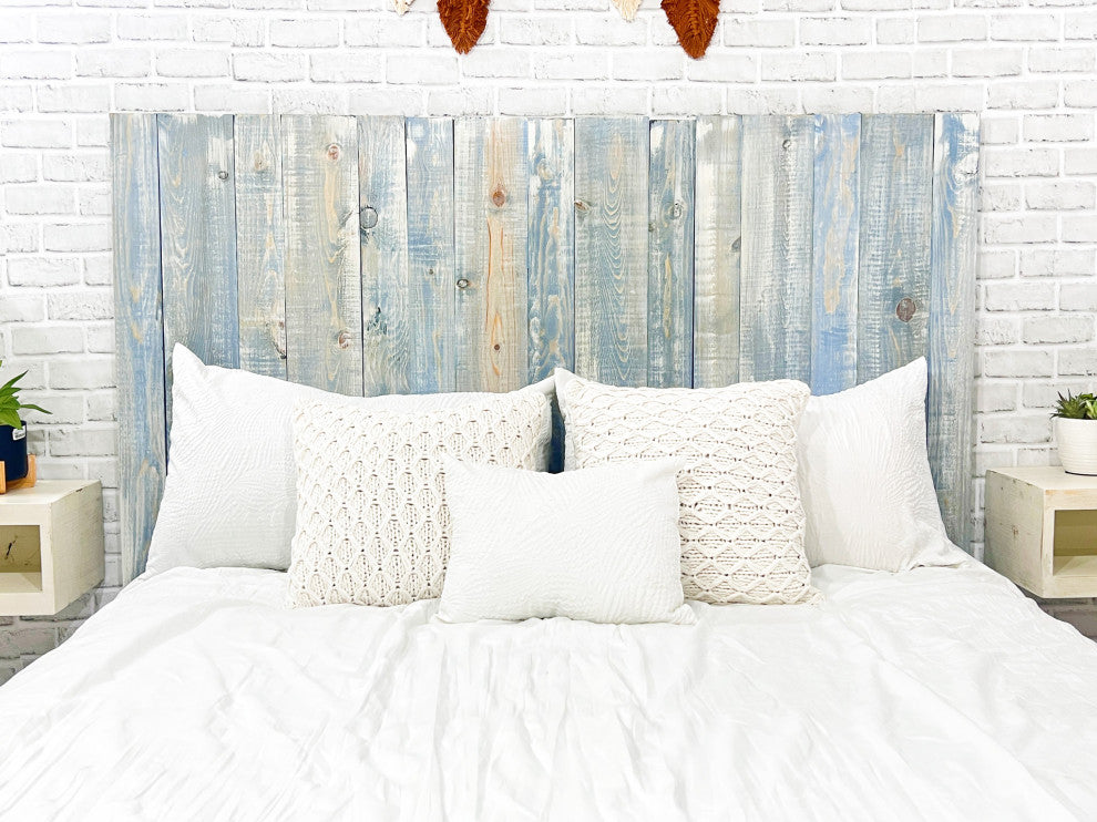 Solid Wood Headboard with Smooth Natural Wood Grain, Wall Mounted, Farmhouse, Blue Powderwash, Queen