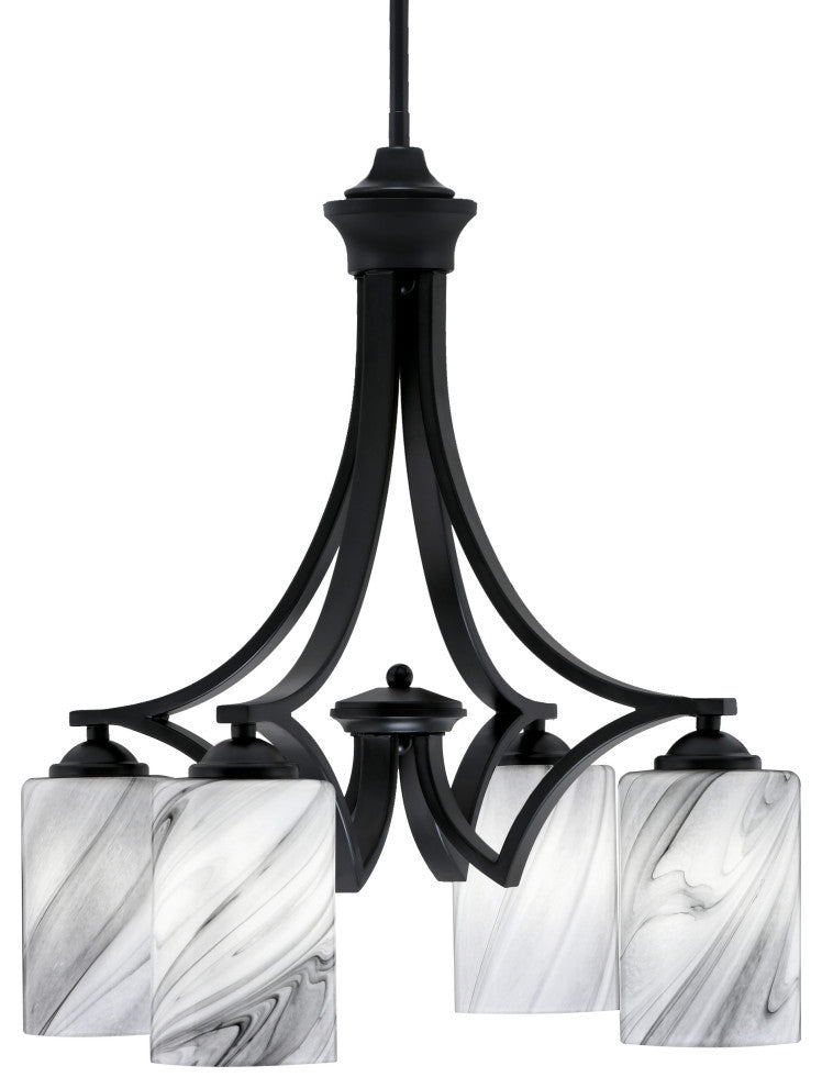 Zilo Downlight, 4 Light, Chandelier, Matte Black Finish, 4" Onyx Swirl Glass
