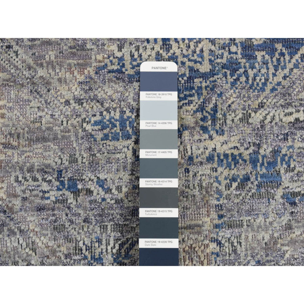 Gray, ERASED ROSSETS, Silk With Textured Wool, Hand Knotted, Rug, 4'9"x7'