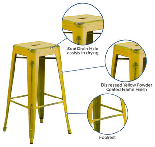 30'' Backless Distressed Metal Indoor Barstool, Yellow, 17"x17"x30"
