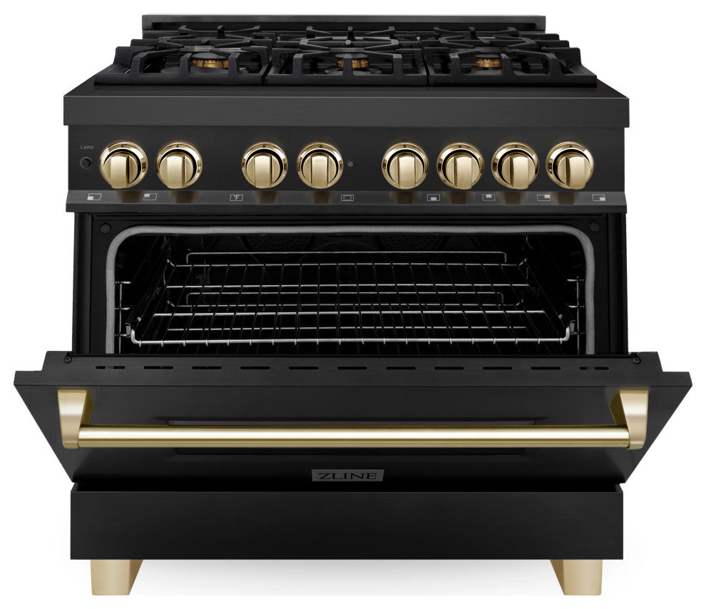 ZLINE 36" Dual Fuel Range, Black Stainless Steel With Gold Accents RABZ-36-G