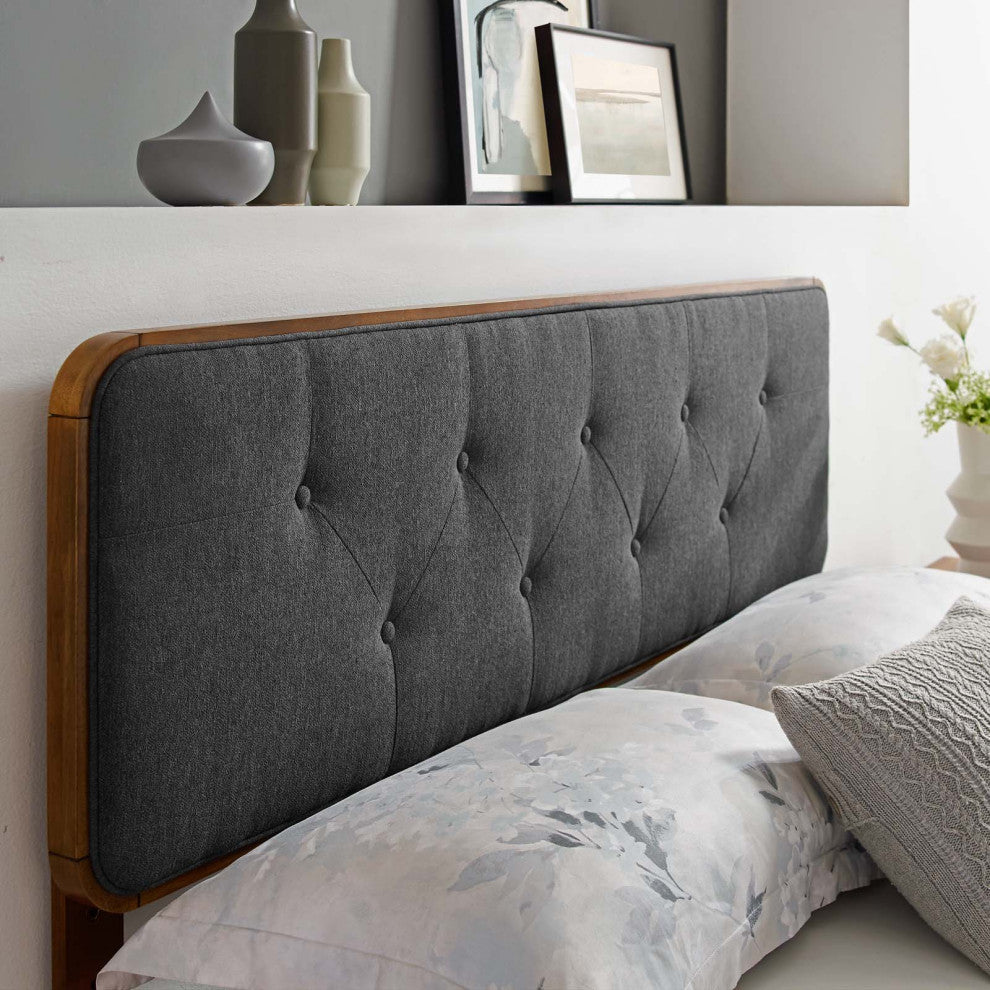 Tufted Headboard, King Size, Wood, Fabric, Brown Walnut Gray, Modern