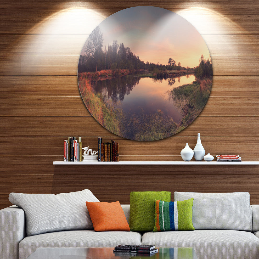 Yellow Tinged Spring Mountains, Landscape Large Disc Metal Artwork, 11"