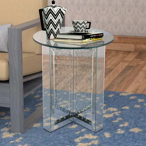 Benzara BM186246 Metal End Table with Glass Top and Crystal Accent Base, Silver