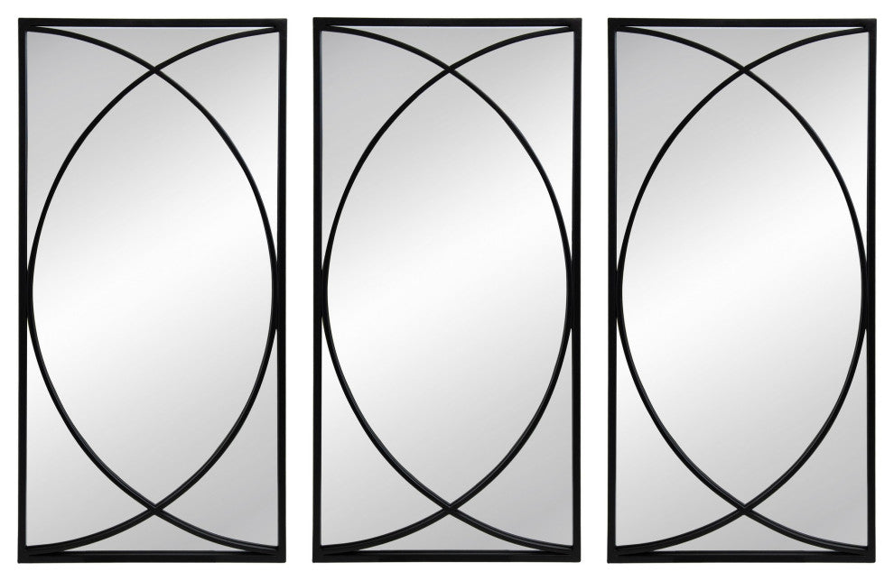 Benzara BM286307 32" 3 Piece Wall Mirror, Circles, Stylish Black Metal Frame
