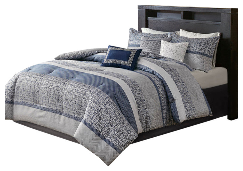 Madison Park Rhapsody Jacquard Stripe Mosaic 7-Piece Comforter Set, Navy Blue
