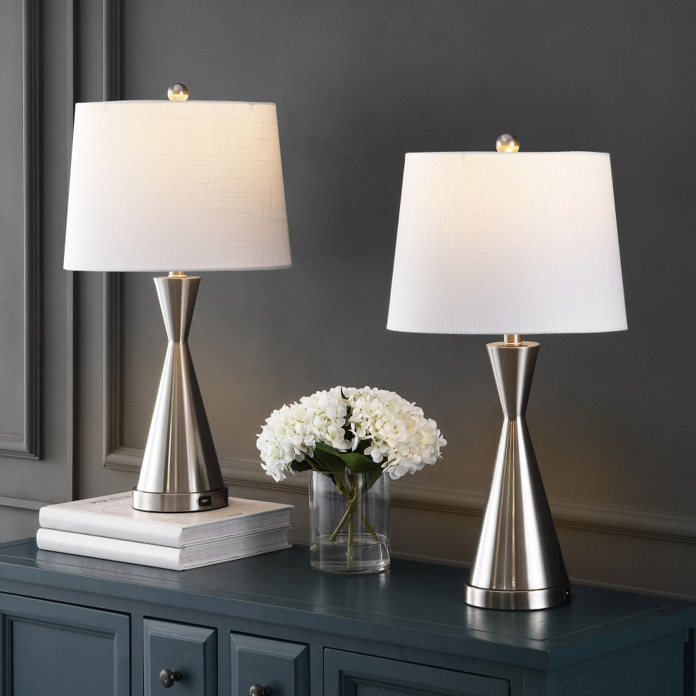 Colton 26" French Country Iron Table Lamp, USB Charging, Set of 2, Nickel