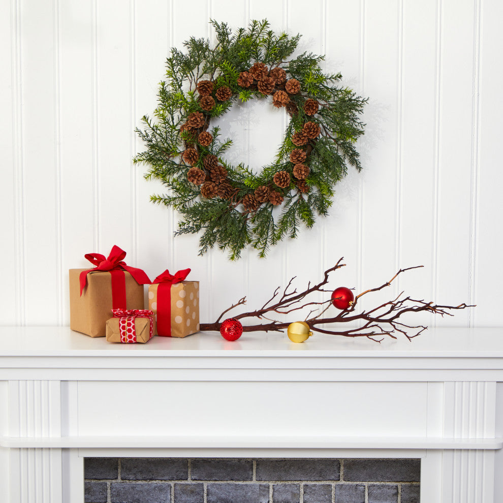 22ï¿½ Cedar, Grass and Pine Cone Artificial Wreath UV Resistant (Indoor/Outdoor)