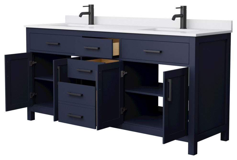72"DBL Vanity Dark Blue, White Cult. Marble Countertop, Sinks, Black Trim