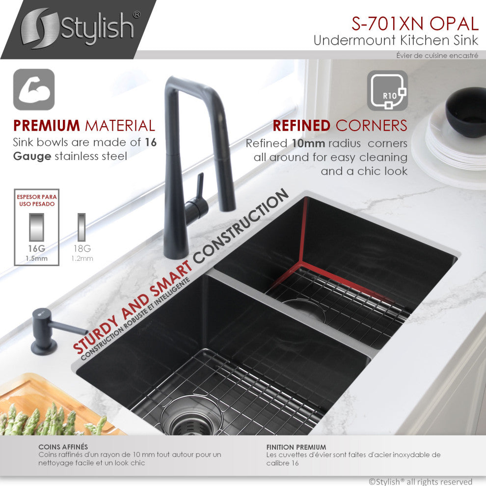 STYLISH 32in Graphite Black Double Bowl Undermount Stainless Steel Kitchen Sink