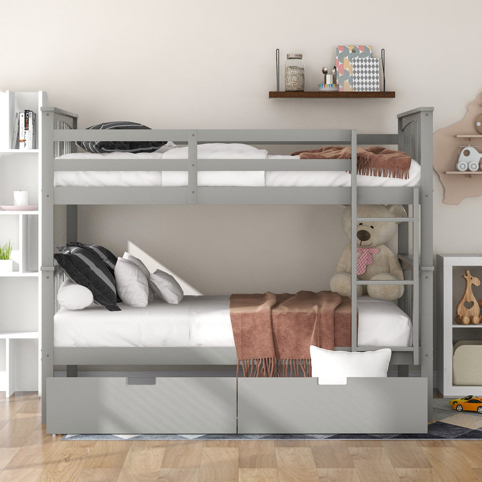 Gewnee Wood Full over Full Bunk Bed with Drawers and Ladder in Gray