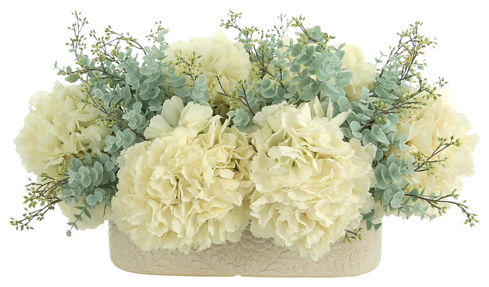 Hydrangea and Eucalyptus Arrangement in an Oblong Ceramic Vase