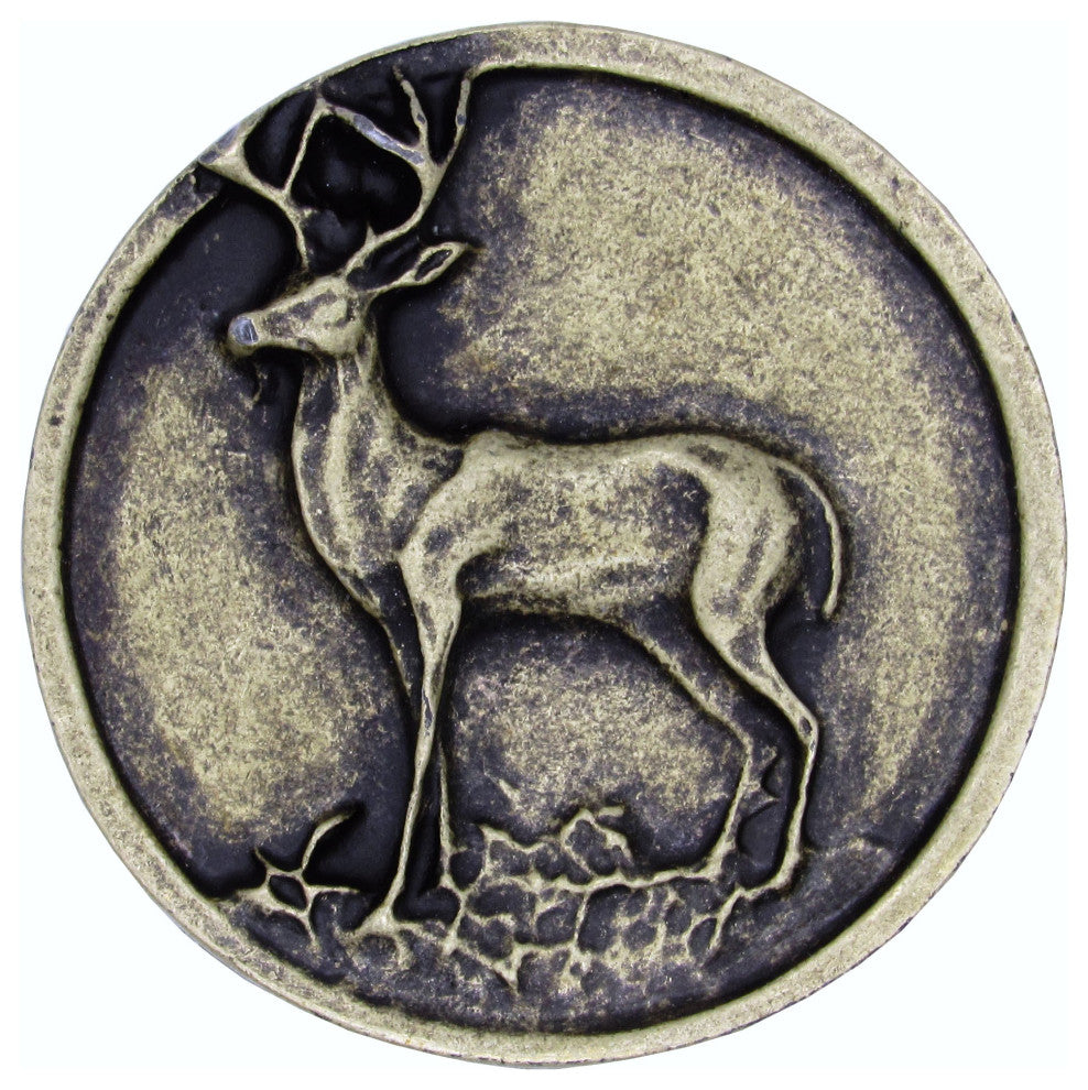 Whitetail Round Deer Knob, Antique Brass